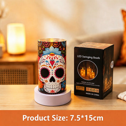 Printed LED candle floral sugar skull 15cm with box
