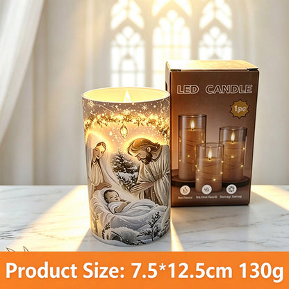 Printed LED candle church nativity scene 12.5cm with box