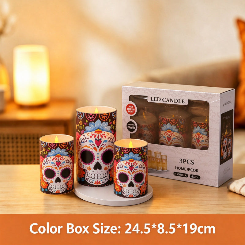 Printed LED candle floral sugar skull 3-piece set packaging