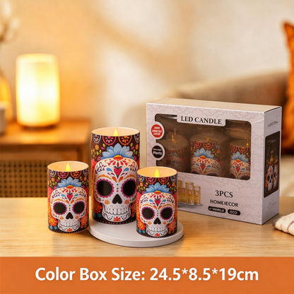 Printed LED candle floral sugar skull 3-piece set packaging