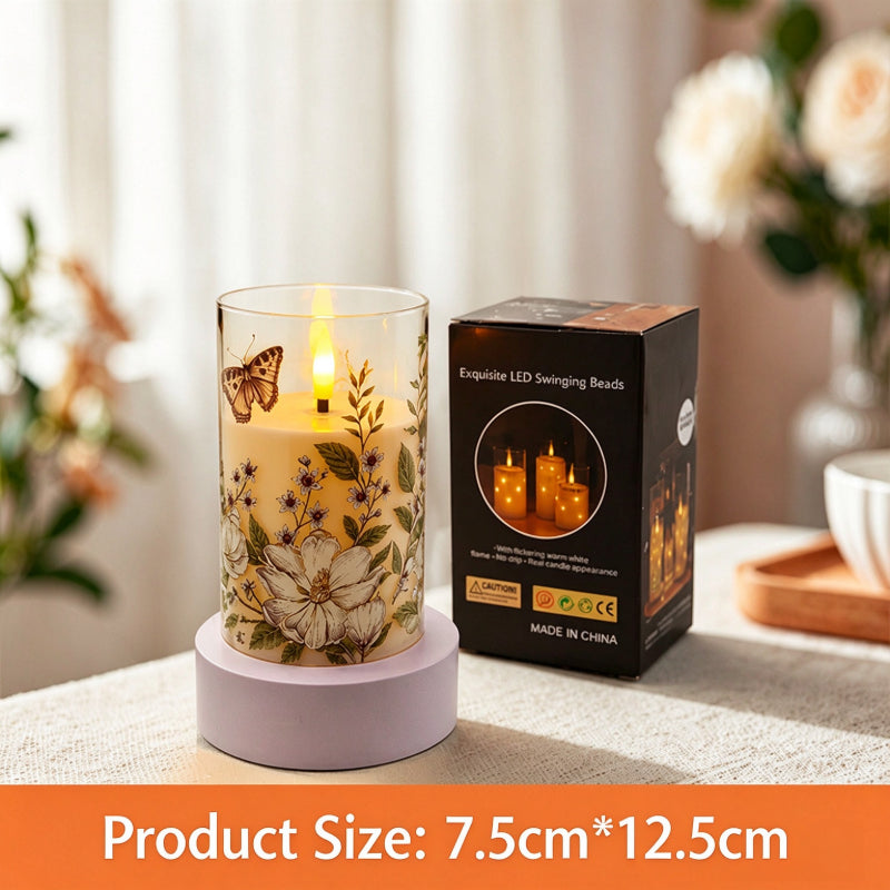 Printed LED candle vintage botanical floral 12.5cm with box