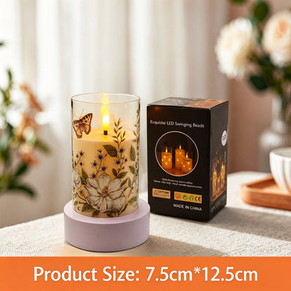 Printed LED candle vintage botanical floral 12.5cm with box