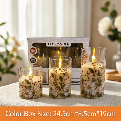 Printed LED candle vintage botanical floral 3-piece set packaging