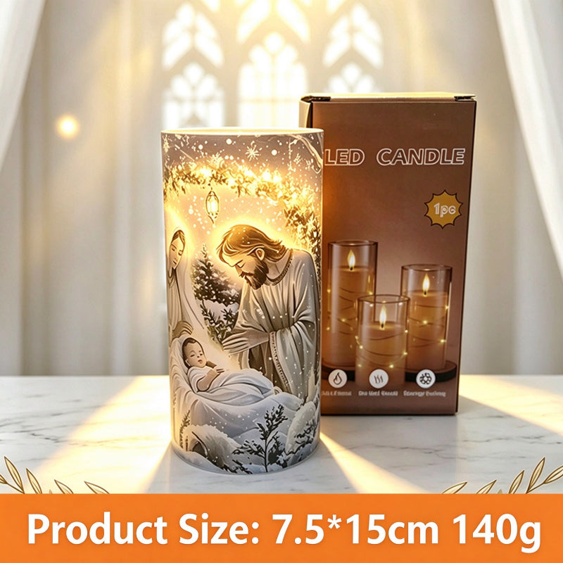 Printed LED candle church nativity scene 15cm with box