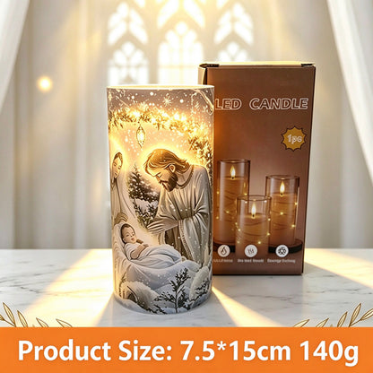 Printed LED candle church nativity scene 15cm with box