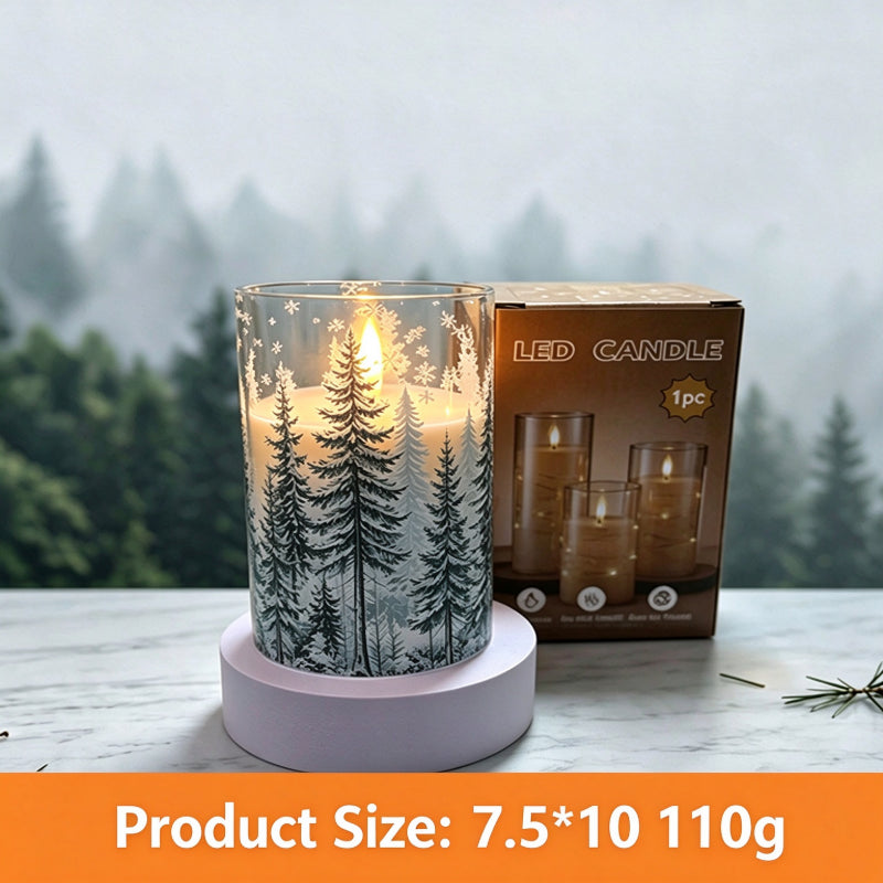 Printed LED candle snowy pine forest 10cm with box