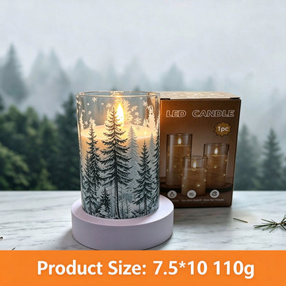 Printed LED candle snowy pine forest 10cm with box