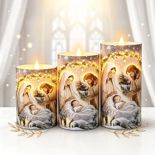 Printed LED candle church nativity scene 3-piece tiered set