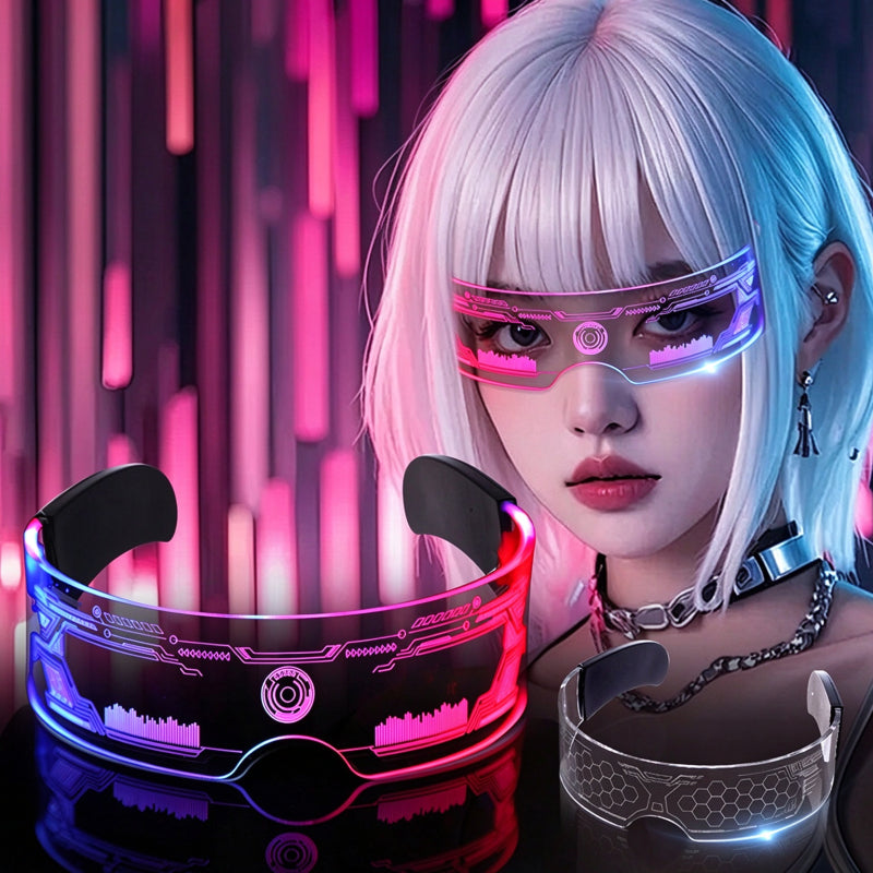Cyberpunk LED visor glasses illuminated futuristic festival wear perspective
