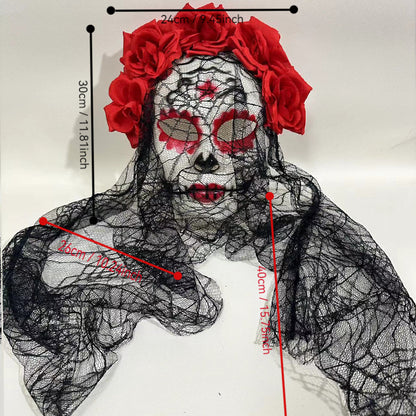 Sugar skull mask dimension diagram with lace veil measurements