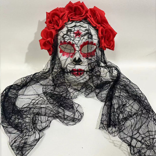 Sugar skull mask red rose headband with black lace veil