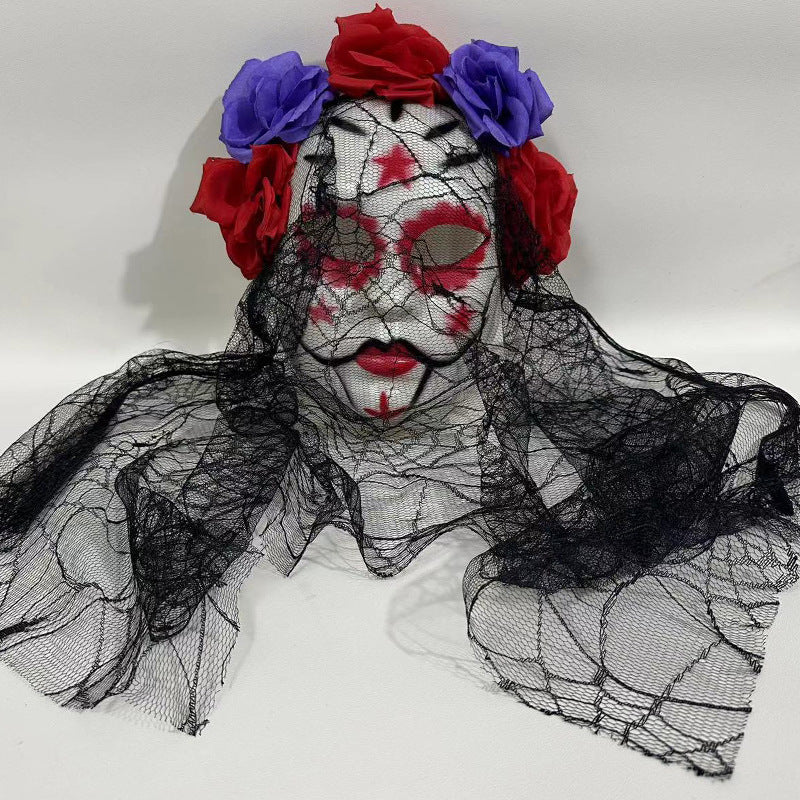 Sugar skull mask multicolor floral crown with draped lace veil