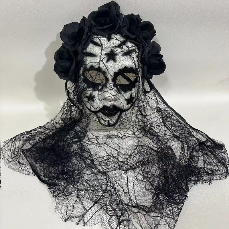Sugar skull mask black rose headband with sheer lace veil