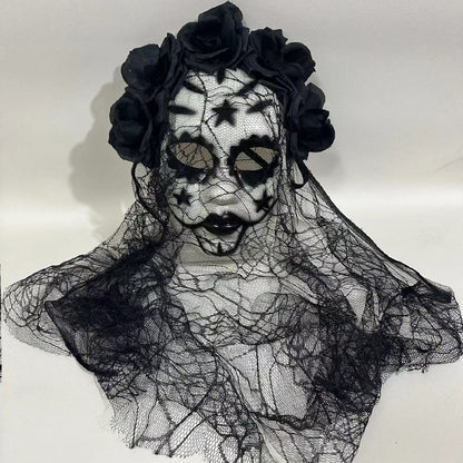 Sugar skull mask black rose headband with sheer lace veil