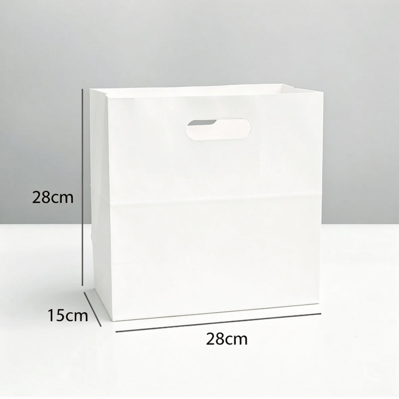 Die-cut kraft bag 28x28x15cm bleached white sack with paper reinforced handle patch