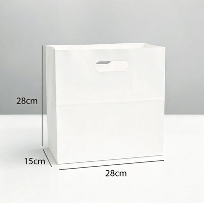 Die-cut kraft bag 28x28x15cm bleached white sack with paper reinforced handle patch