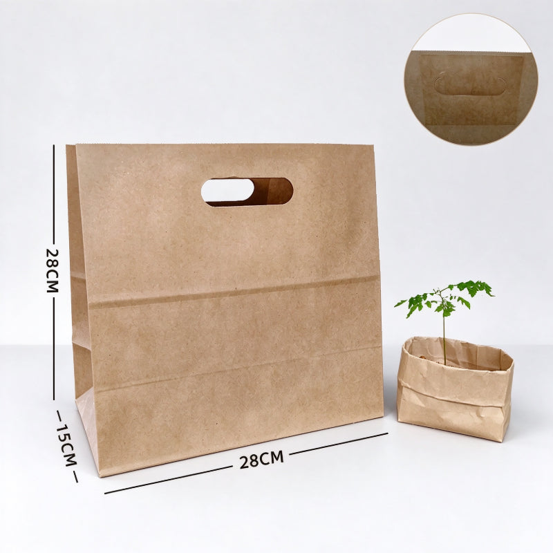 Die-cut kraft bag 28x28x15cm natural brown sack with kraft paper reinforced handle patch