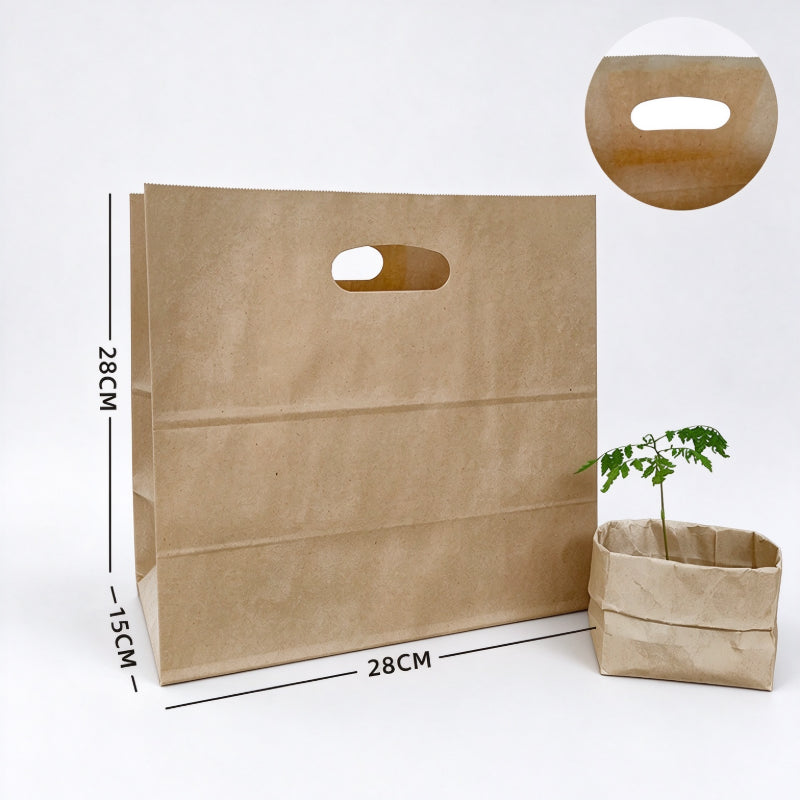 Die-cut kraft bag 28x28x15cm natural brown sack with transparent film reinforced handle patch
