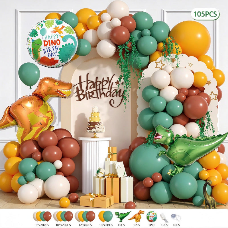 Dinosaur balloon garland kit apricot sage green arch foil dinosaur
