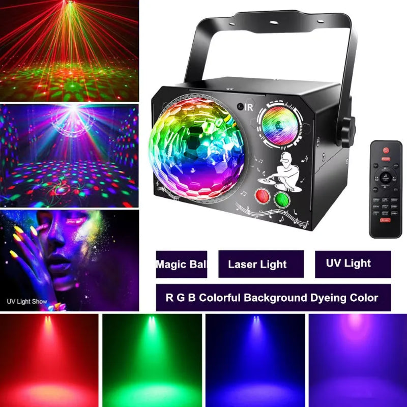 4 in 1 Disco Party Light, RGB UV Starry Sky Laser with Sound Remote Control for Home Wedding Stage DJ Lighting