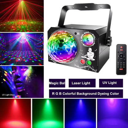 4 in 1 Disco Party Light, RGB UV Starry Sky Laser with Sound Remote Control for Home Wedding Stage DJ Lighting
