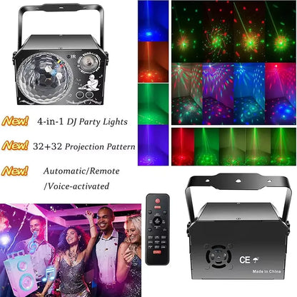 4 in 1 Disco Party Light, RGB UV Starry Sky Laser with Sound Remote Control for Home Wedding Stage DJ Lighting