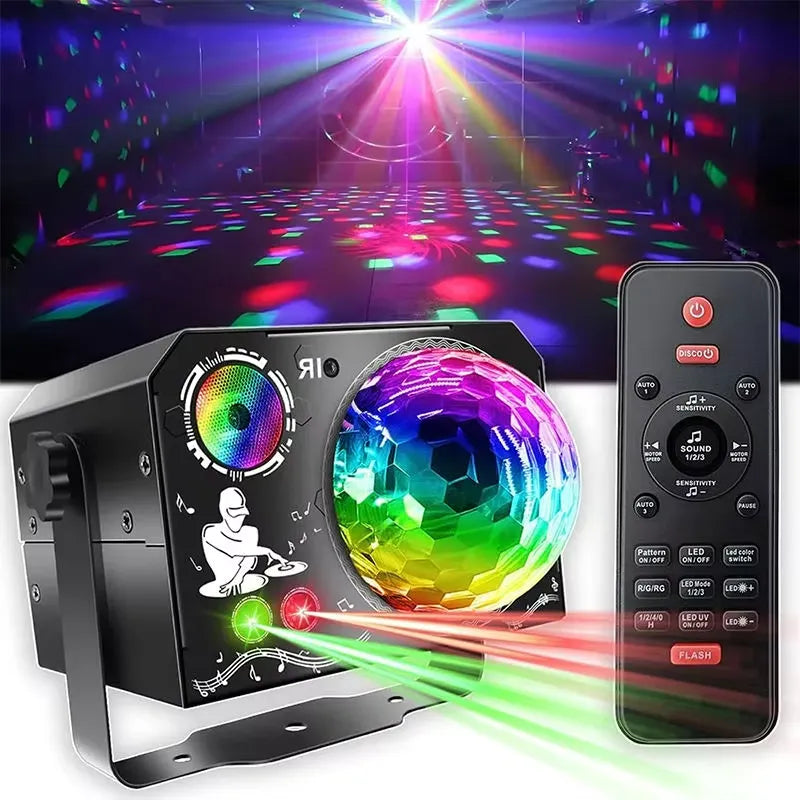 4 in 1 Disco Party Light, RGB UV Starry Sky Laser with Sound Remote Control for Home Wedding Stage DJ Lighting