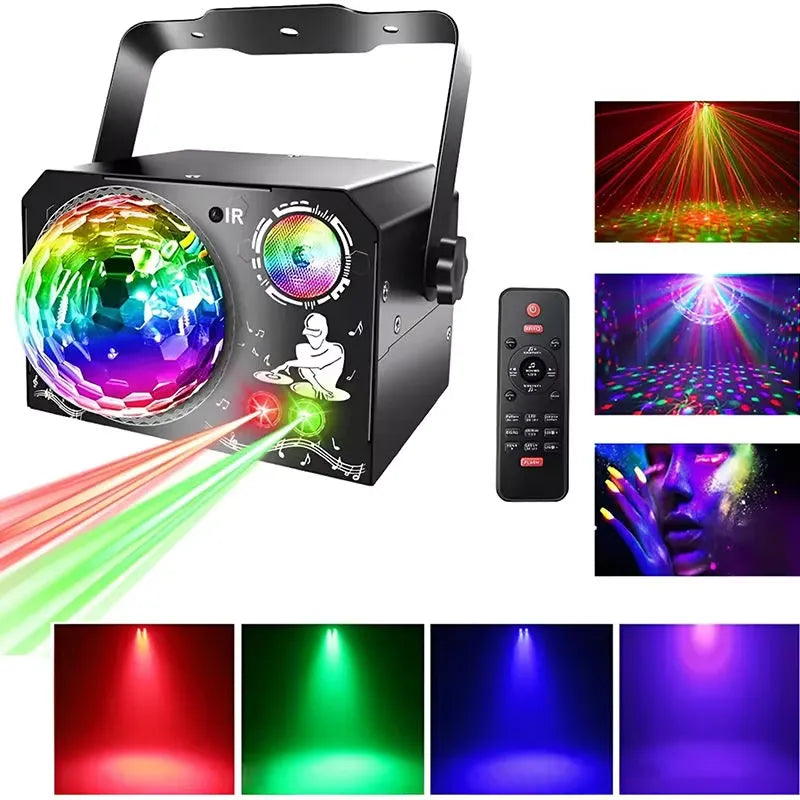 4 in 1 Disco Party Light, RGB UV Starry Sky Laser with Sound Remote Control for Home Wedding Stage DJ Lighting