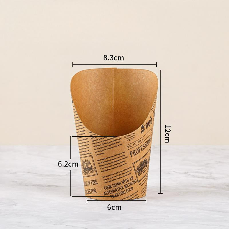 French fry cup vintage newsprint typography pattern on natural kraft paper
