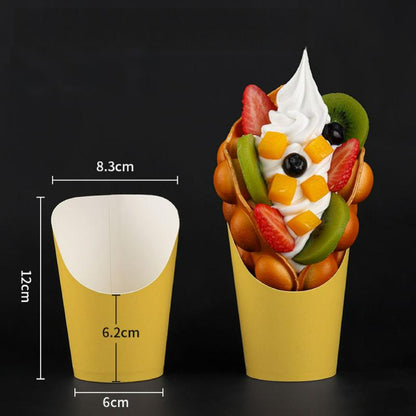 French fry cup solid vibrant yellow finish with angled scoop rim