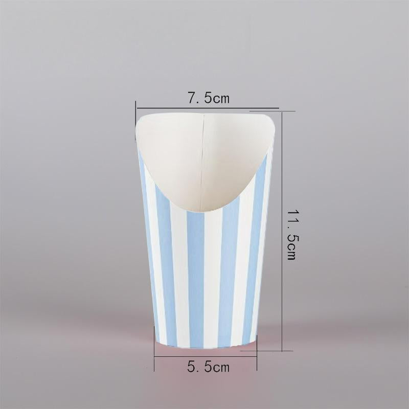 French fry cup blue vertical stripe pattern with angled opening