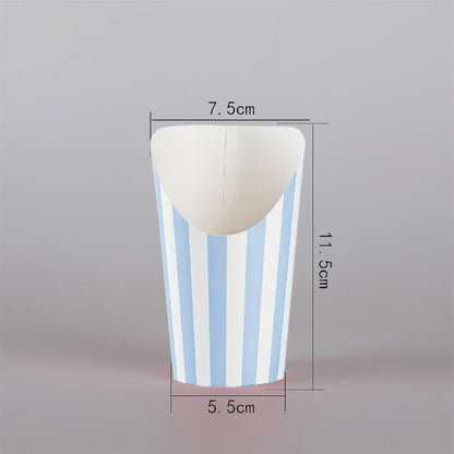 French fry cup blue vertical stripe pattern with angled opening
