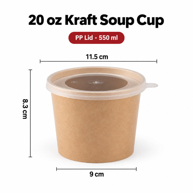 Kraft paper soup cup 20 oz capacity with translucent PP lid