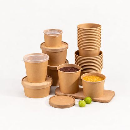 Kraft paper soup cup stacked takeout packaging and food serving display