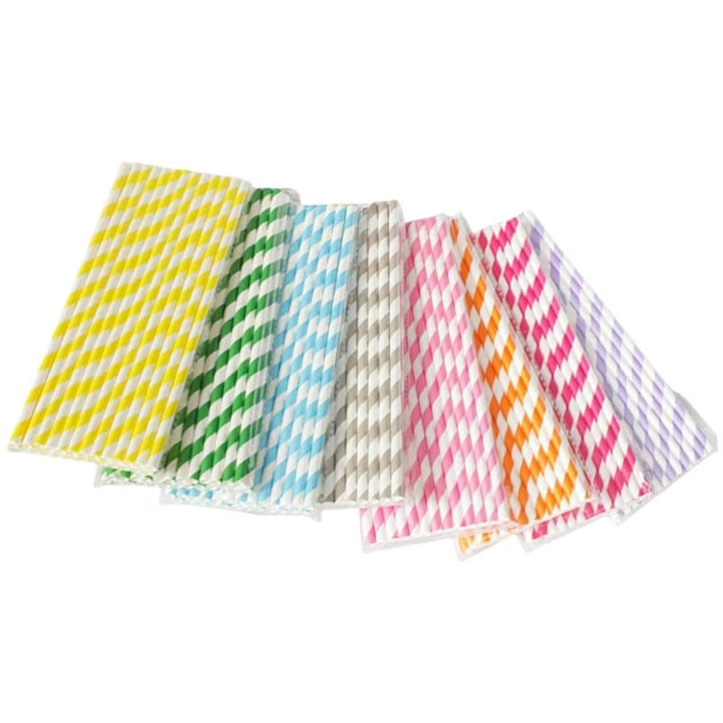 Colored Stripe Paper Straws 197*6mm - Biodegradable, Thickened for Bubble Tea & Coffee
