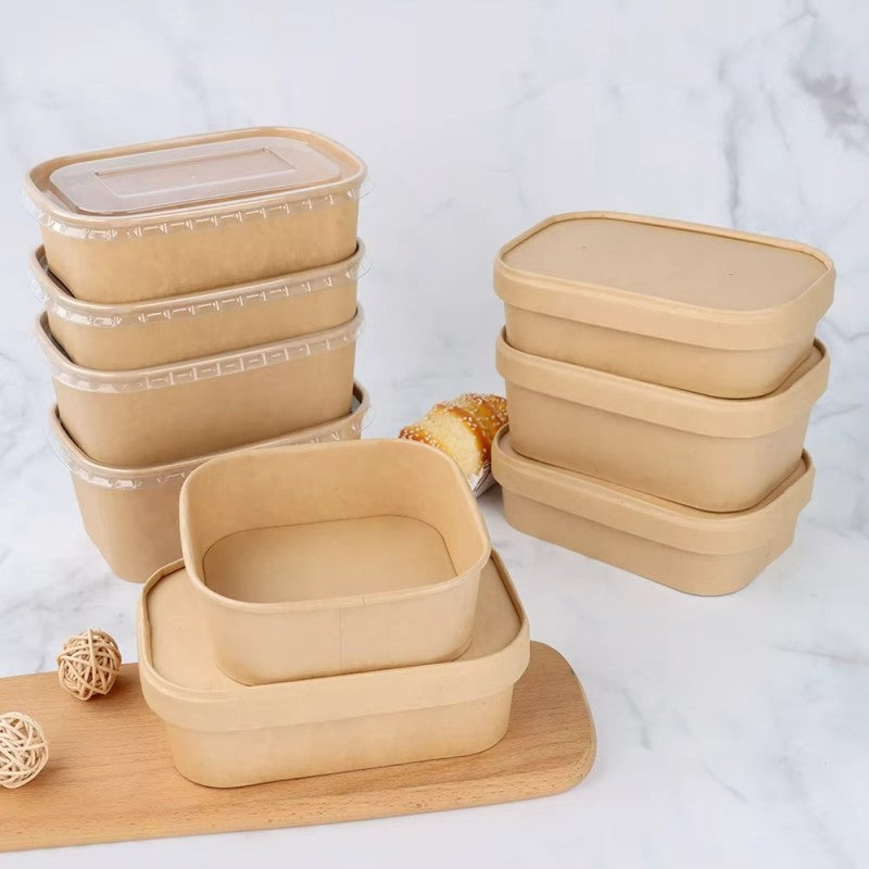Square Kraft Paper Food Bowls - Leak-Resistant Disposable Containers for Takeout