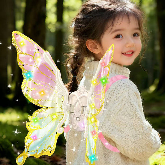 Electric LED fairy wings girl wearing glowing butterfly outdoors