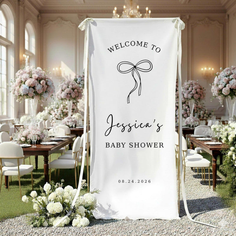 Fabric welcome banner white canvas with black bow motif