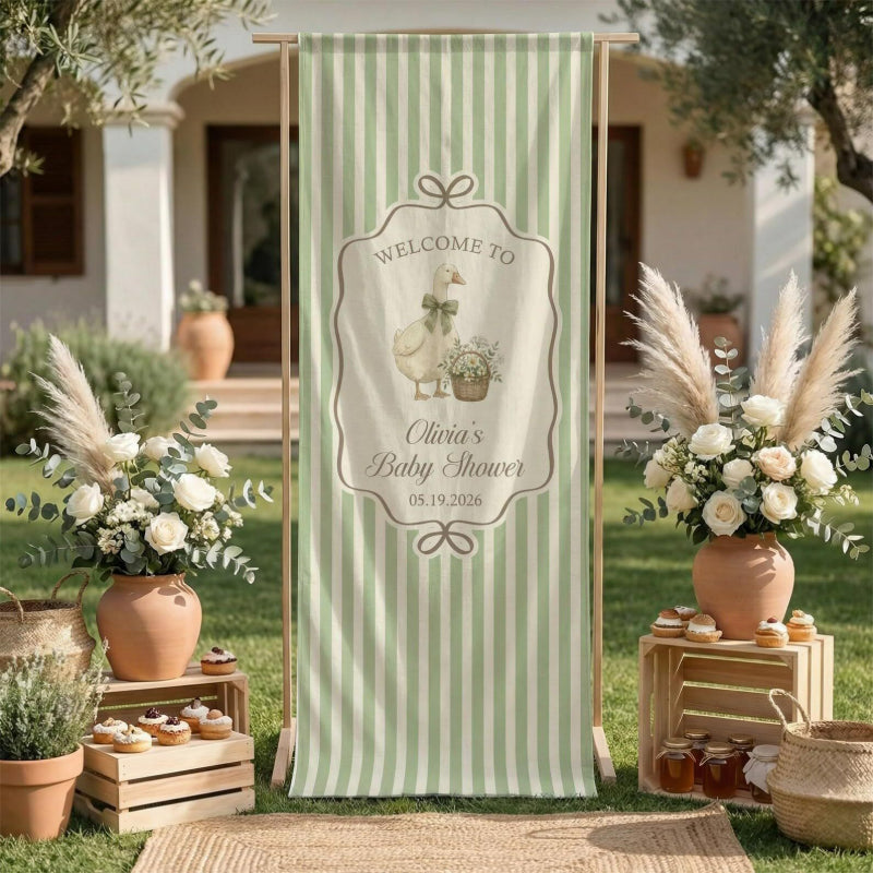 Fabric welcome banner sage green stripes with central crest