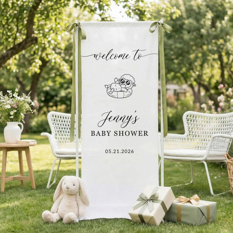 Fabric welcome banner white fabric with flying bird graphic