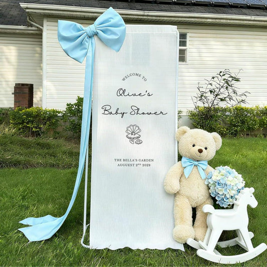 Fabric welcome banner baby blue ribbon with carriage illustration