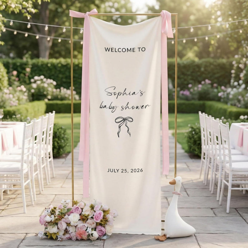Fabric welcome banner blush pink fabric with cursive calligraphy