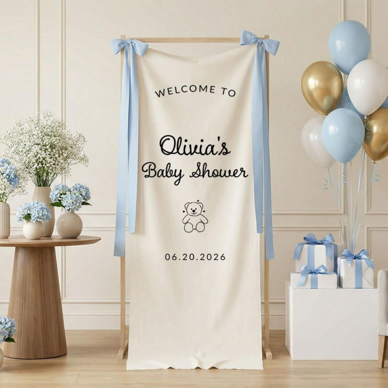 Fabric welcome banner beige cloth with teddy bear illustration