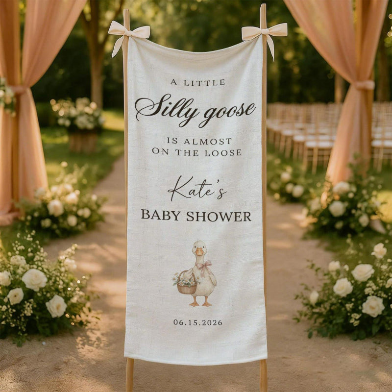 Fabric welcome banner silly goose illustration with serif lettering
