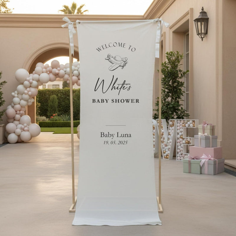 Fabric welcome banner minimalist white drape with centered typography