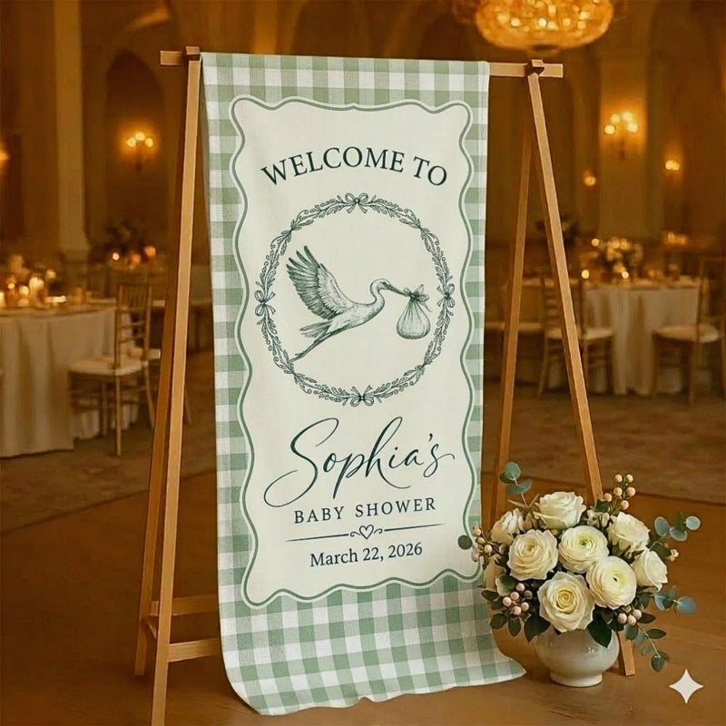 Fabric welcome banner green gingham border with flying stork