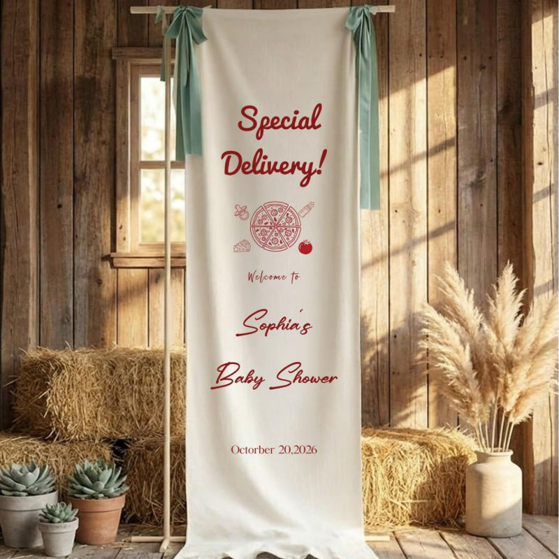 Fabric welcome banner special delivery script with stork graphic