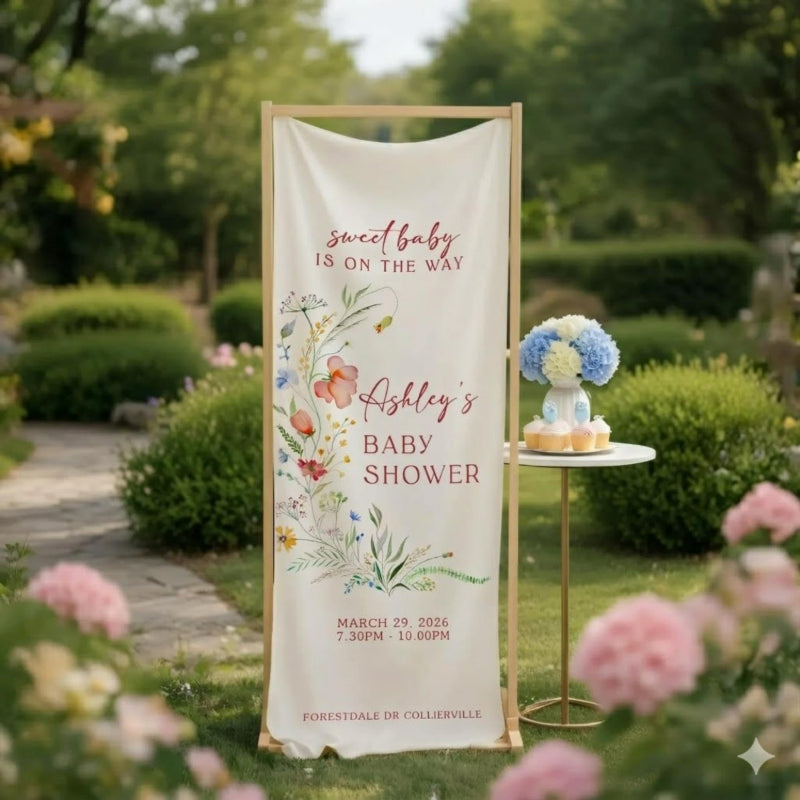 Fabric welcome banner botanical floral wreath with delicate script
