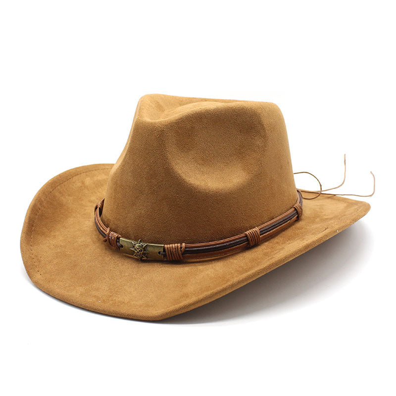Faux suede western cowboy hat in camel with belted band