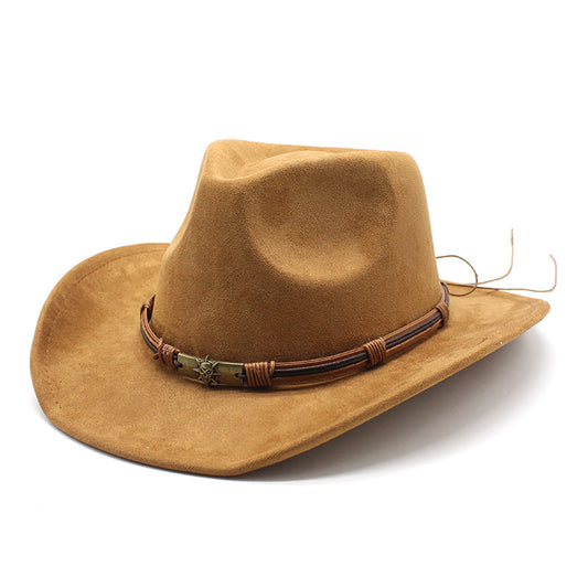Faux suede western cowboy hat in camel with belted band